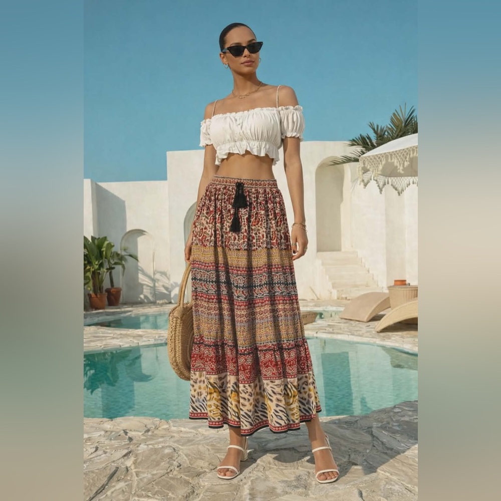 NWT California Moonrise Bohemian multicolour Maxi Skirt with Tassel Waist